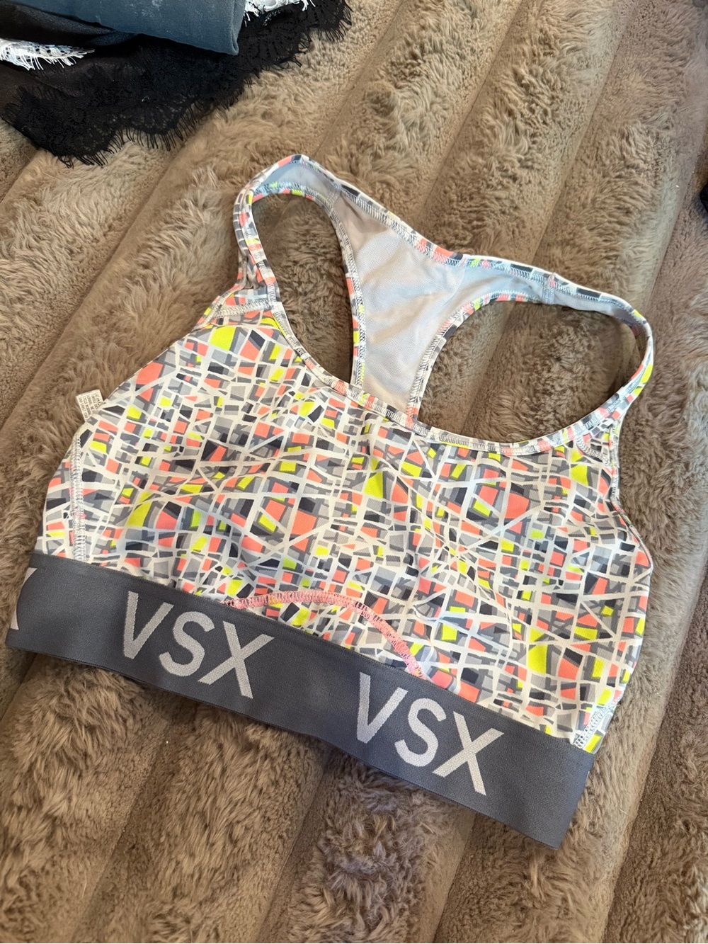 VSX Gray-Banded Multicolor Geometric Racerback Sports Bra